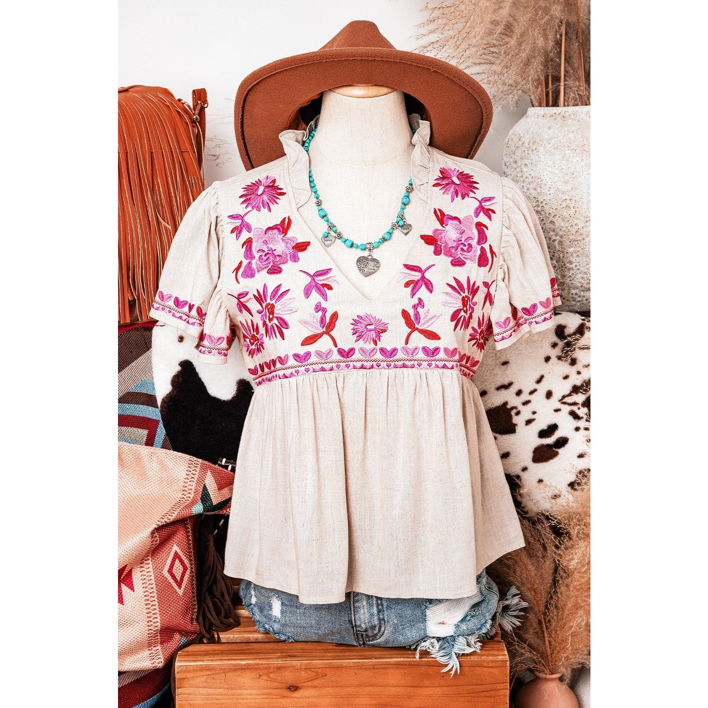 REDUCED!!! Quella Beige Floral Embroidered Short Sleeve Notched V Neck Blouse REDUCED!!!