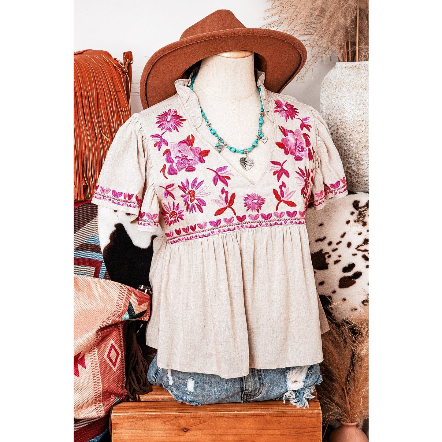 REDUCED!!! Quella Beige Floral Embroidered Short Sleeve Notched V Neck Blouse REDUCED!!!