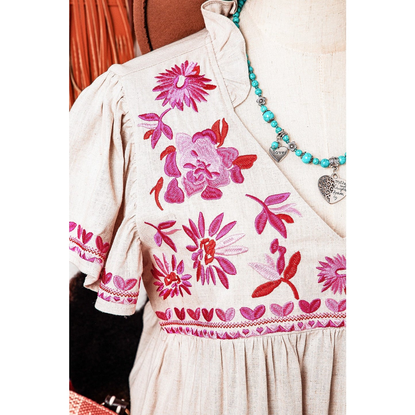 REDUCED!!! Quella Beige Floral Embroidered Short Sleeve Notched V Neck Blouse REDUCED!!!