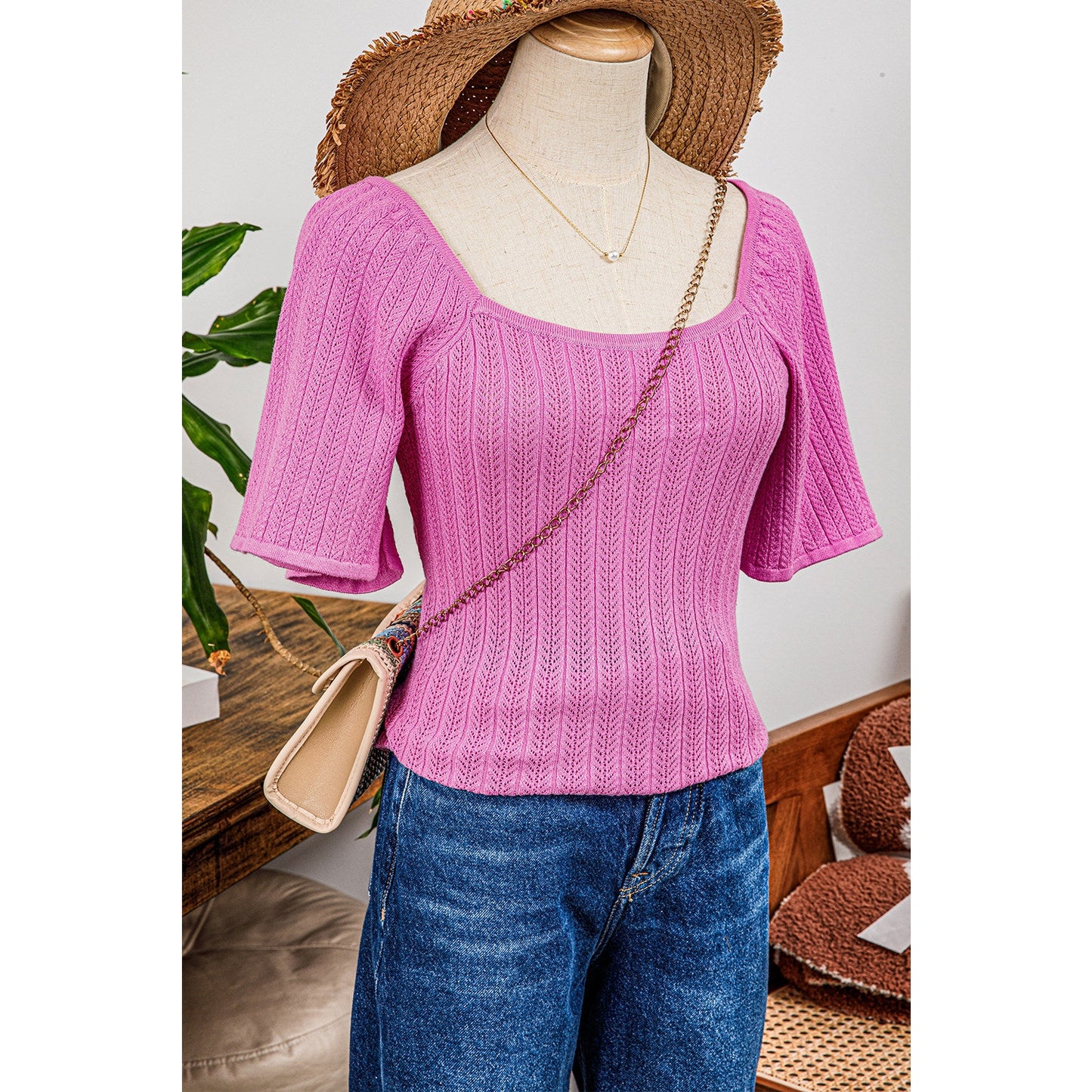 REDUCED!!! Quince Textured Square Neck Half Sleeve Knitted Top REDUCED!!!