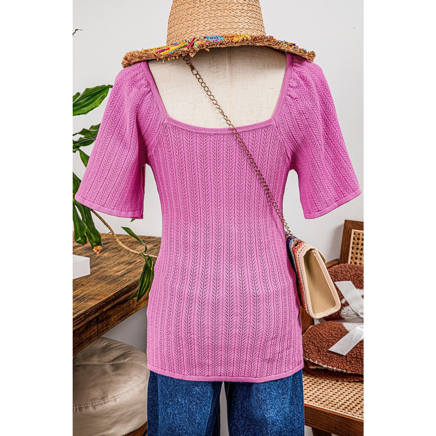 REDUCED!!! Quince Textured Square Neck Half Sleeve Knitted Top REDUCED!!!
