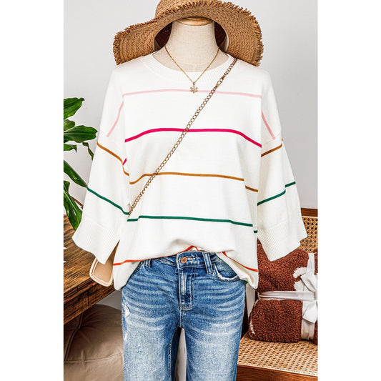 Quinna White Colorblock Striped Half Sleeve Drop Shoulder Sweater