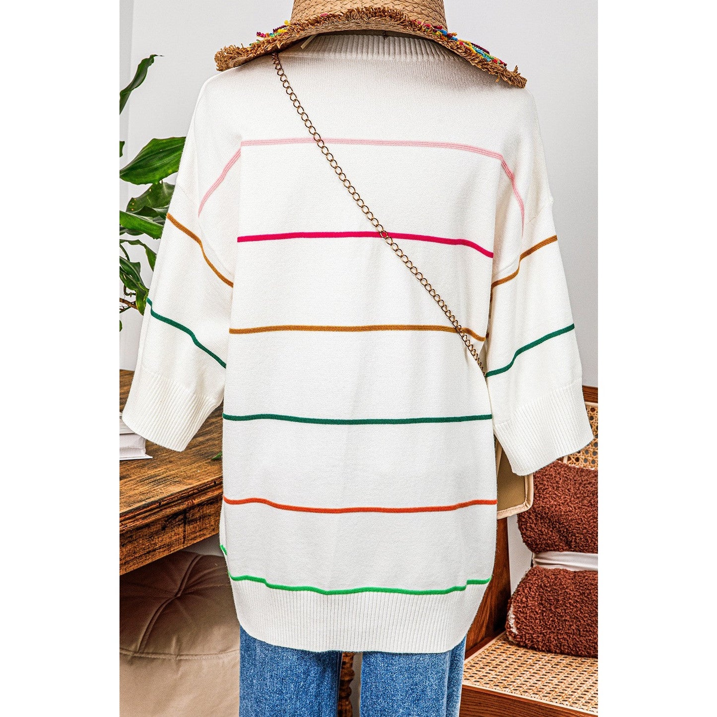 Quinna White Colorblock Striped Half Sleeve Drop Shoulder Sweater
