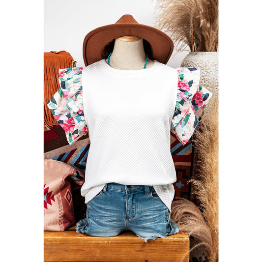 Rachel Abstract Print Tiered Ruffled Sleeve Textured Knit Top