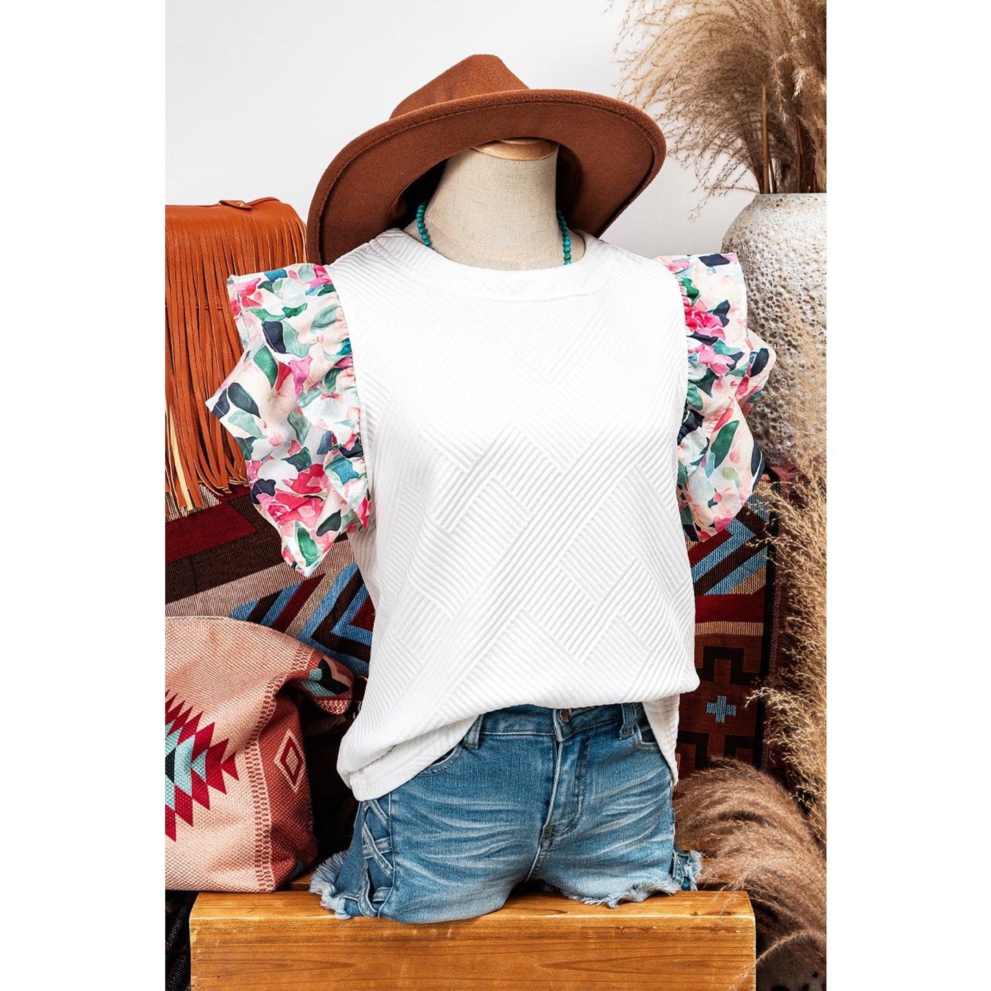 Rachel Abstract Print Tiered Ruffled Sleeve Textured Knit Top