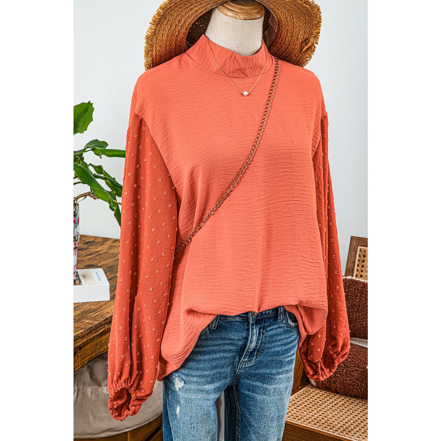 Ragda Russet Orange Swiss Dot Balloon Sleeve Loose Blouse