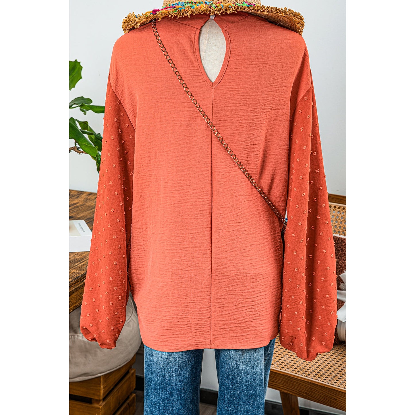Ragda Russet Orange Swiss Dot Balloon Sleeve Loose Blouse