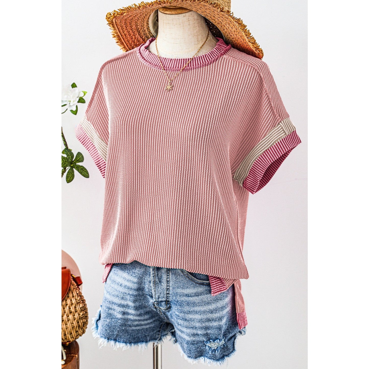 Randi Light Pink Textured Contrast Trim Round Neck T Shirt