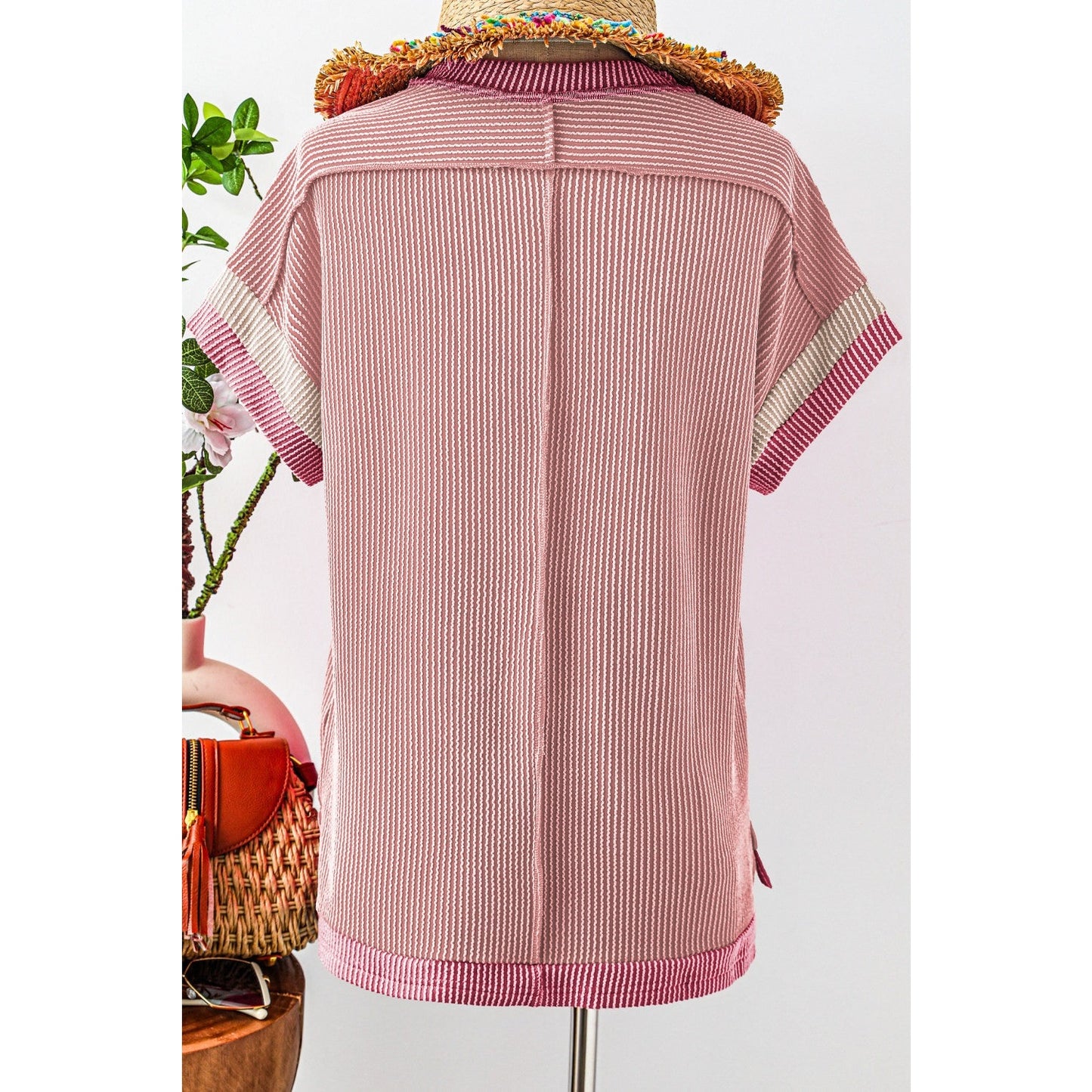 Randi Light Pink Textured Contrast Trim Round Neck T Shirt