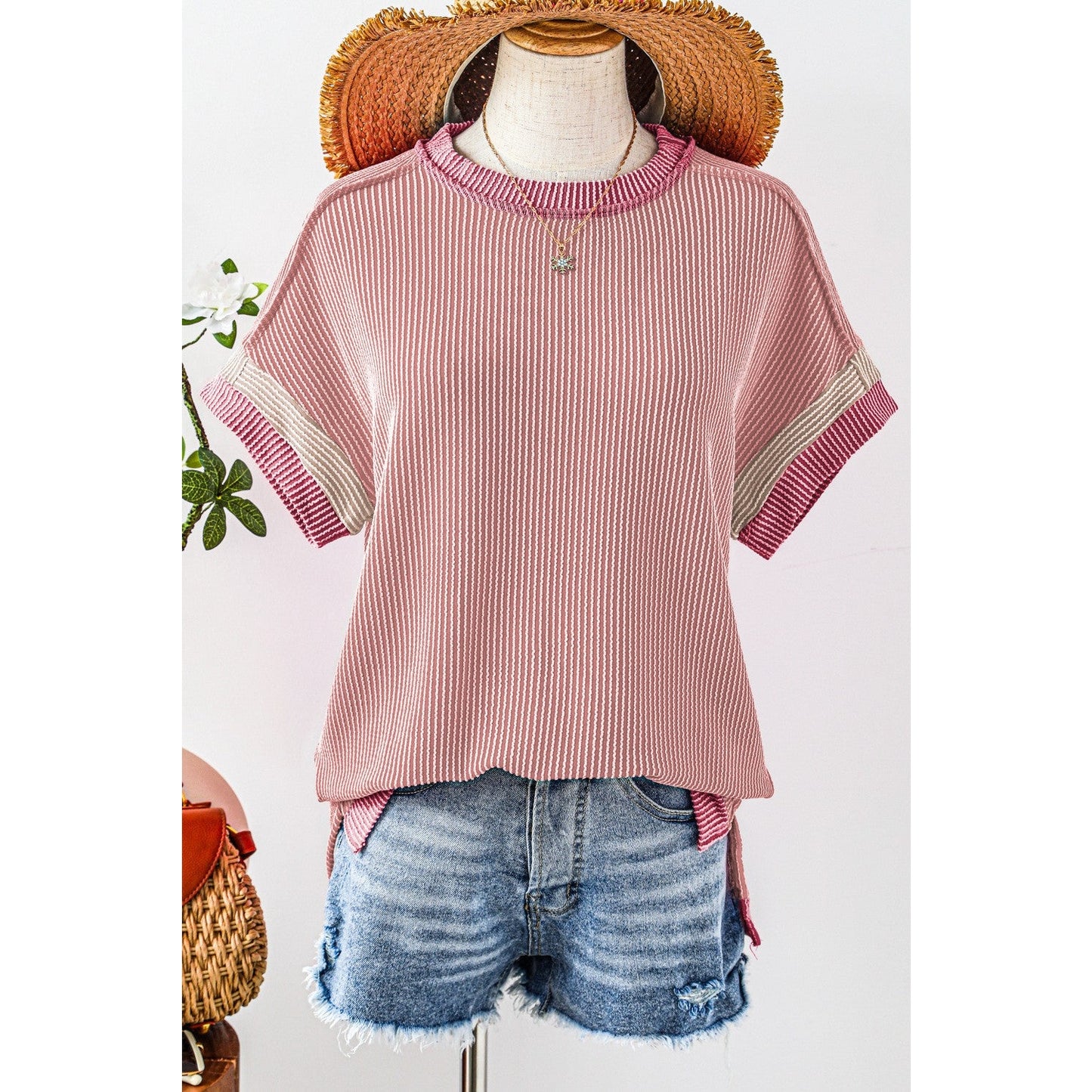 Randi Light Pink Textured Contrast Trim Round Neck T Shirt