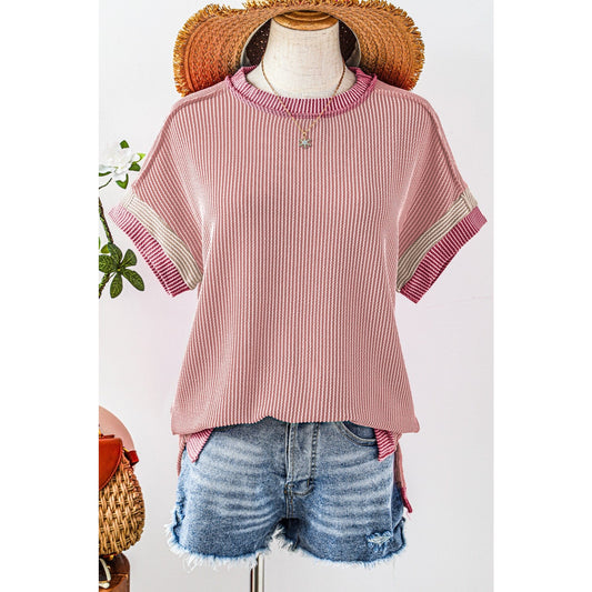 Randi Light Pink Textured Contrast Trim Round Neck T Shirt