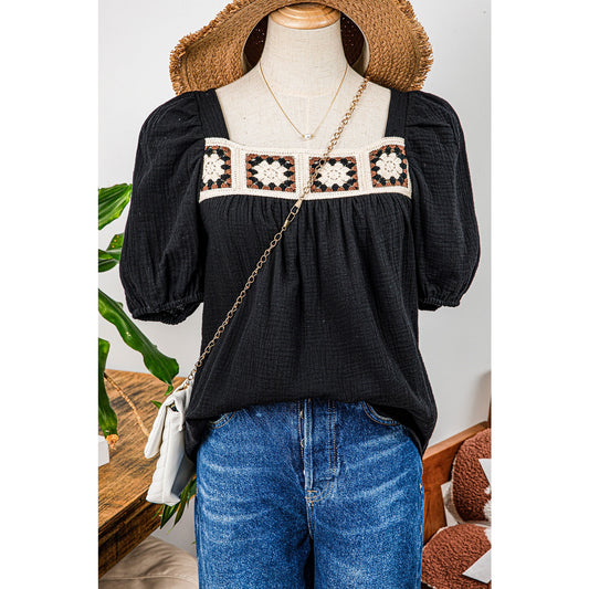 Rebekah Black Flower Crochet Square Neck Textured Short Sleeve Blouse