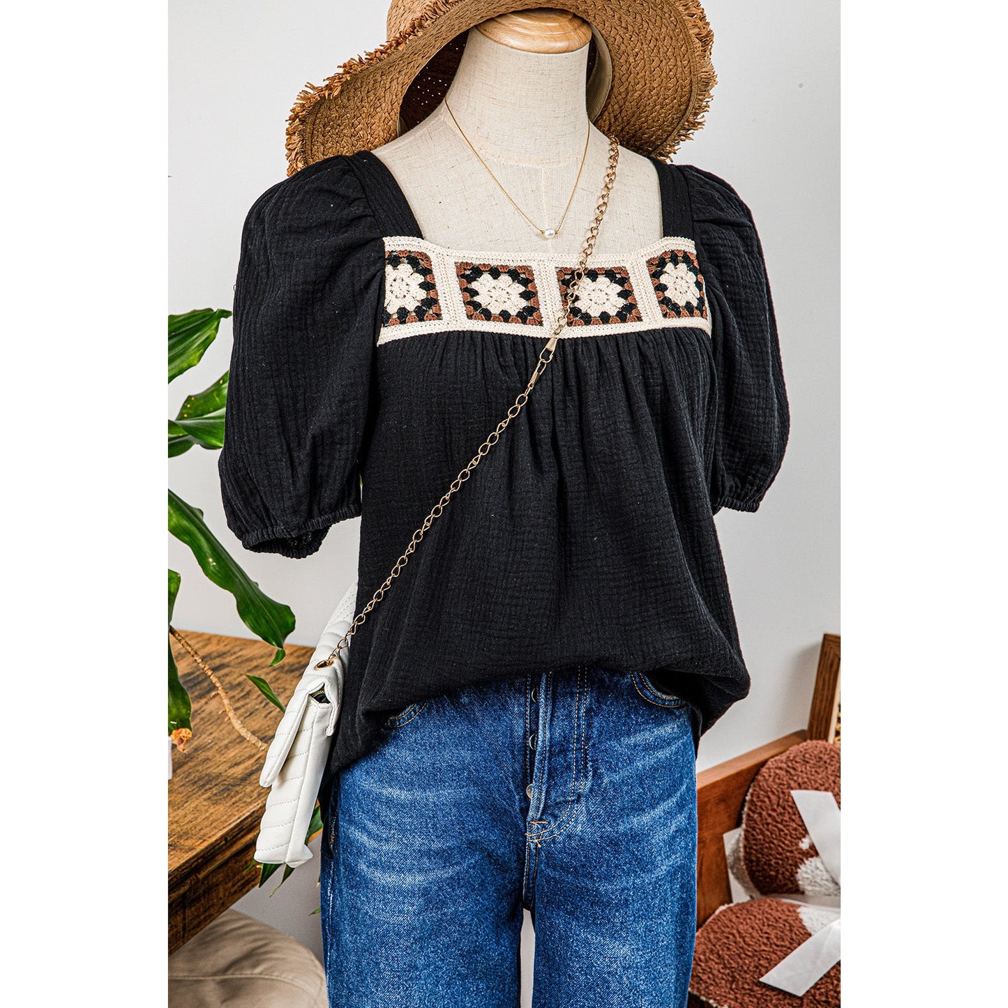 Rebekah Black Flower Crochet Square Neck Textured Short Sleeve Blouse