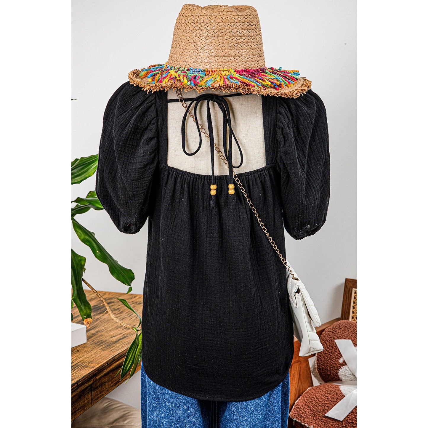 Rebekah Black Flower Crochet Square Neck Textured Short Sleeve Blouse