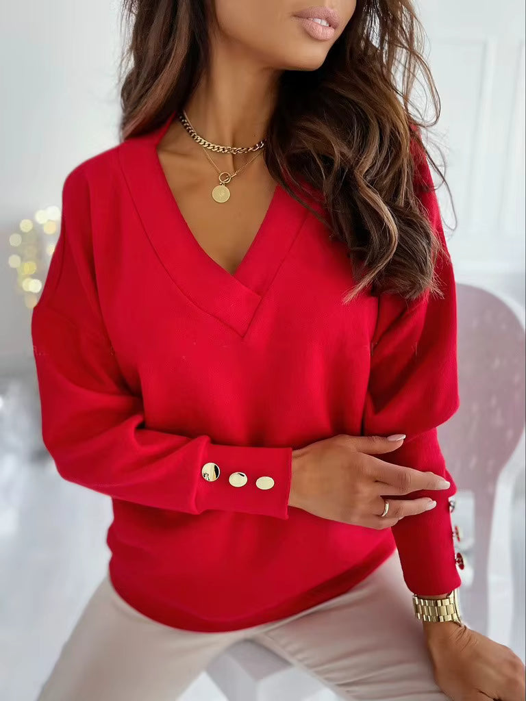 Ayda V Neck Button Cuff Decor Top - 4 Colors