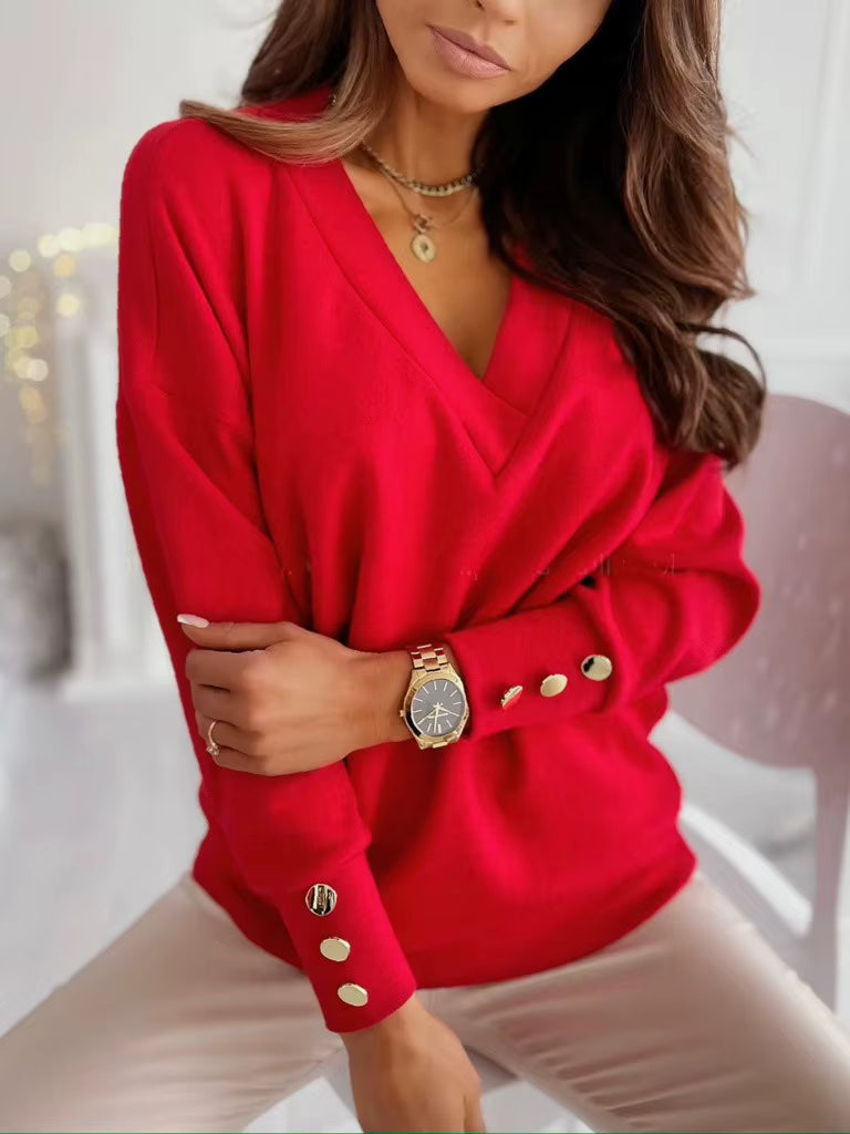 Ayda V Neck Button Cuff Decor Top - 4 Colors