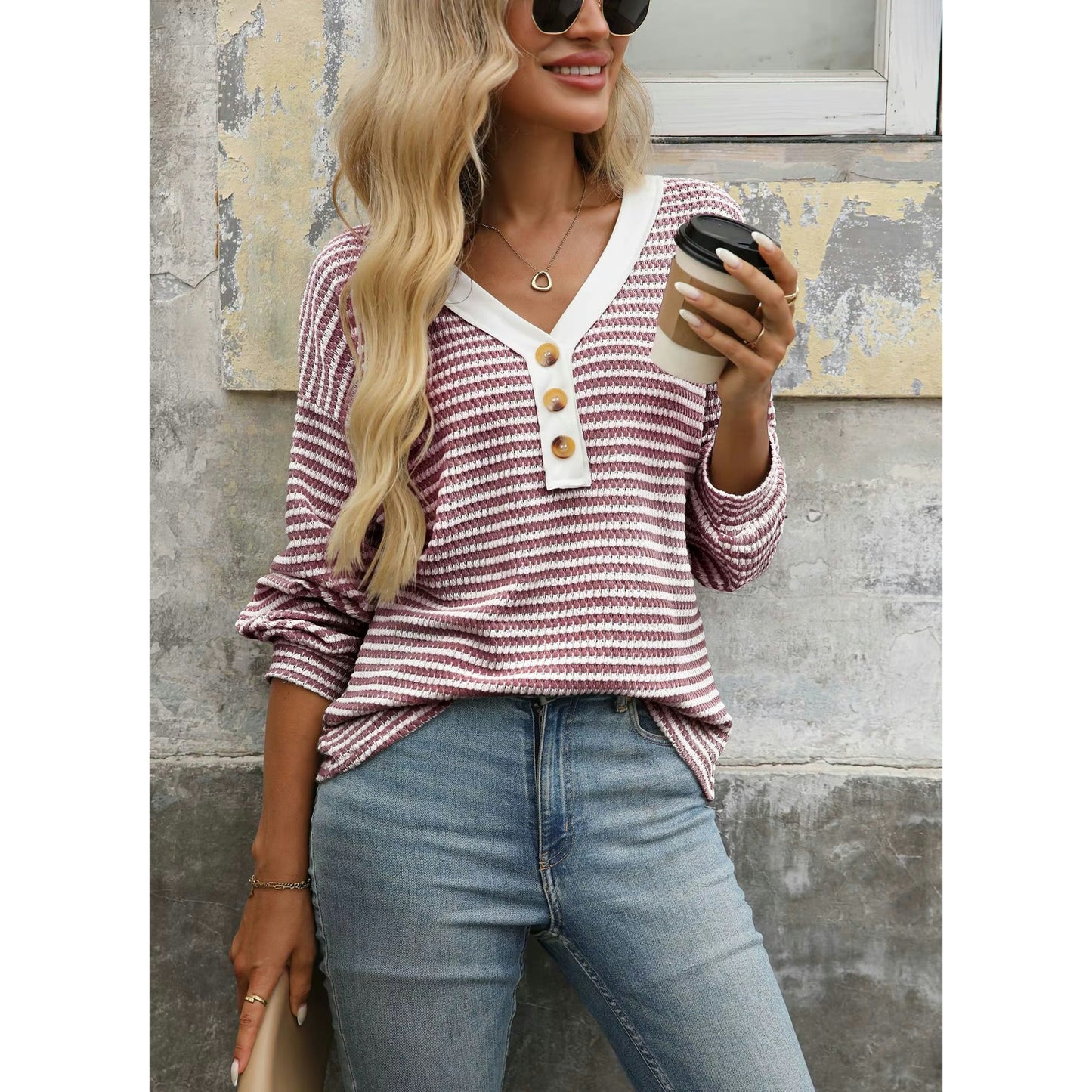 Libby Striped V Neck Waffle Knit Henley Long Sleeve Top