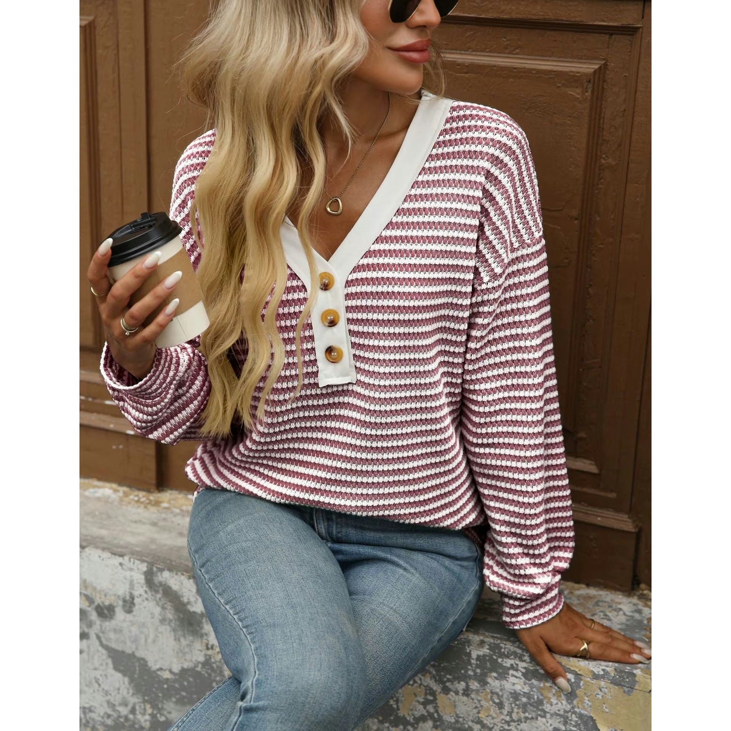 Libby Striped V Neck Waffle Knit Henley Long Sleeve Top