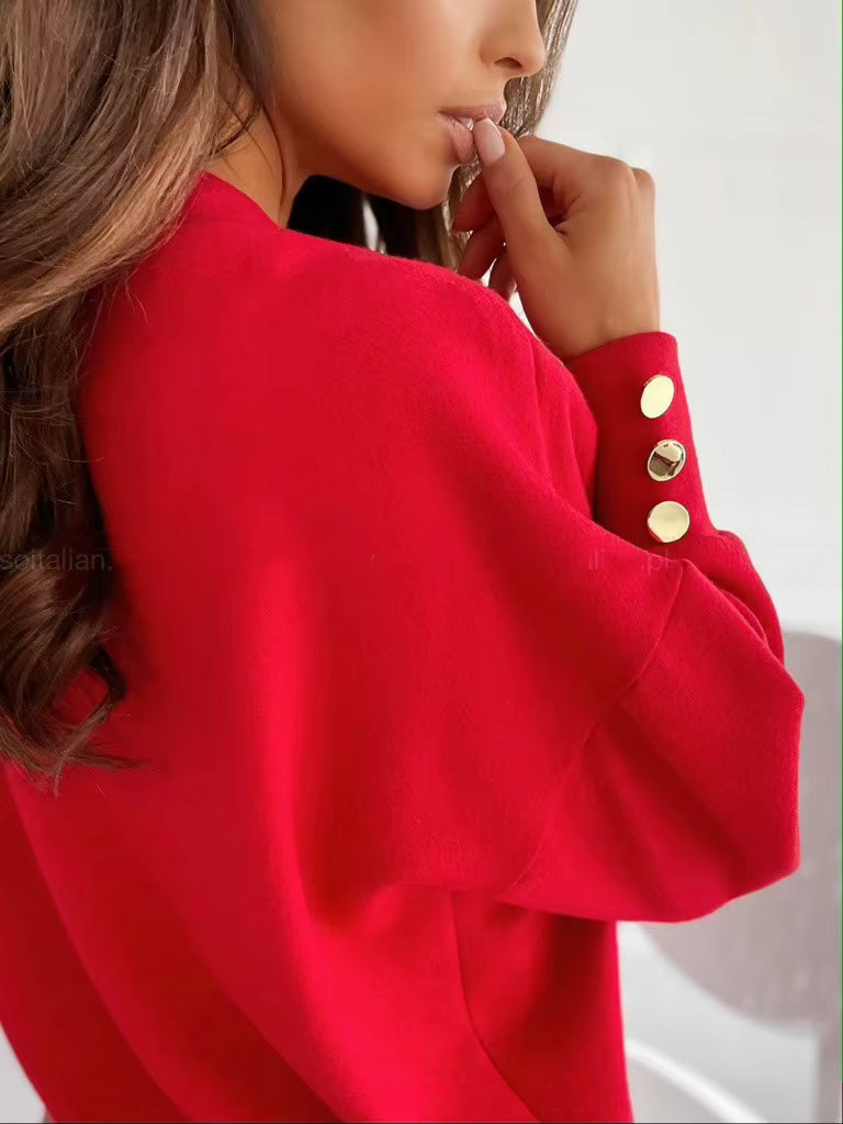 Ayda V Neck Button Cuff Decor Top - 4 Colors