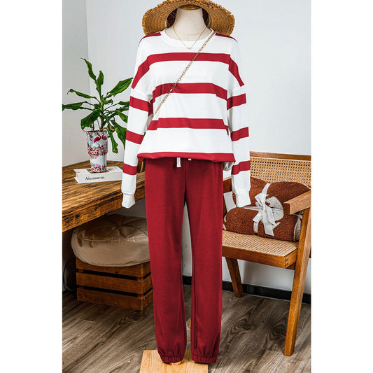 Gisselle Red Striped Drop Shoulder Pullover and Jogger Pants Set * S-3X