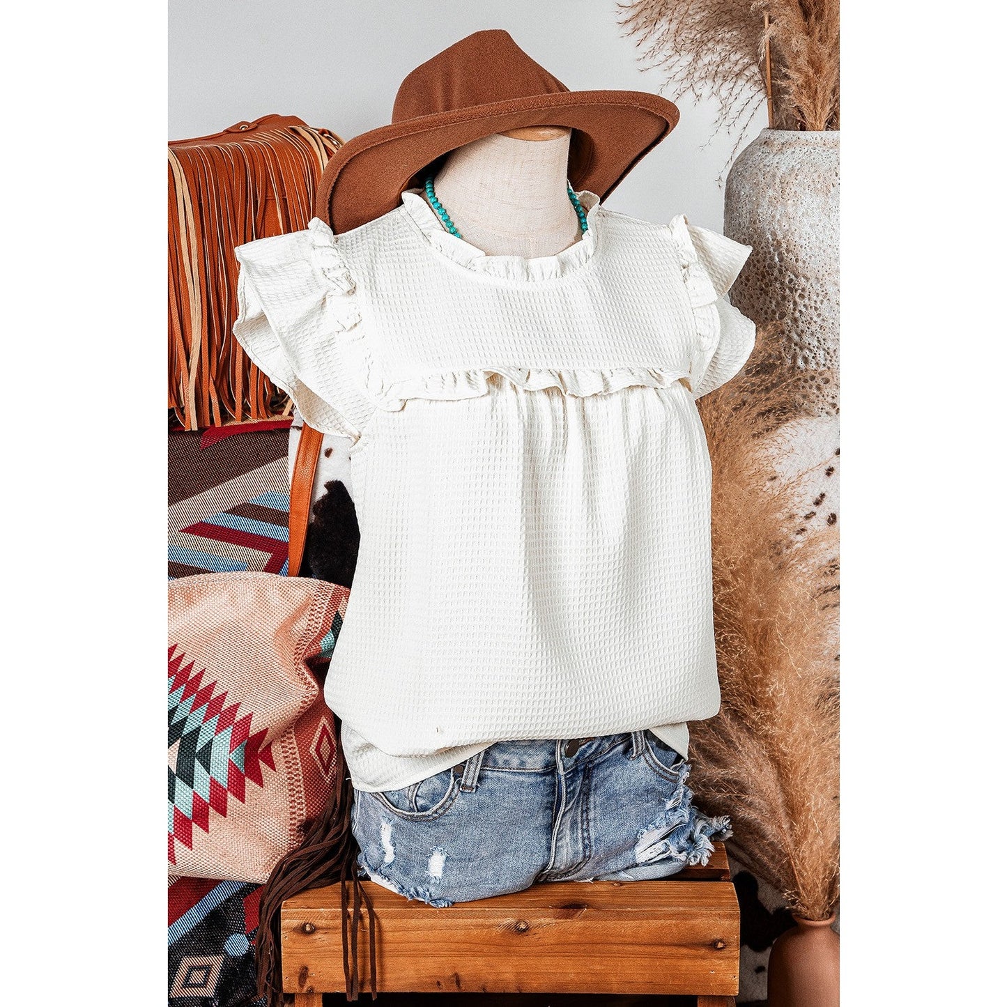 REDUCED!!! Retha Ruffle Trim Waffle Knit Blouse REDUCED!!!