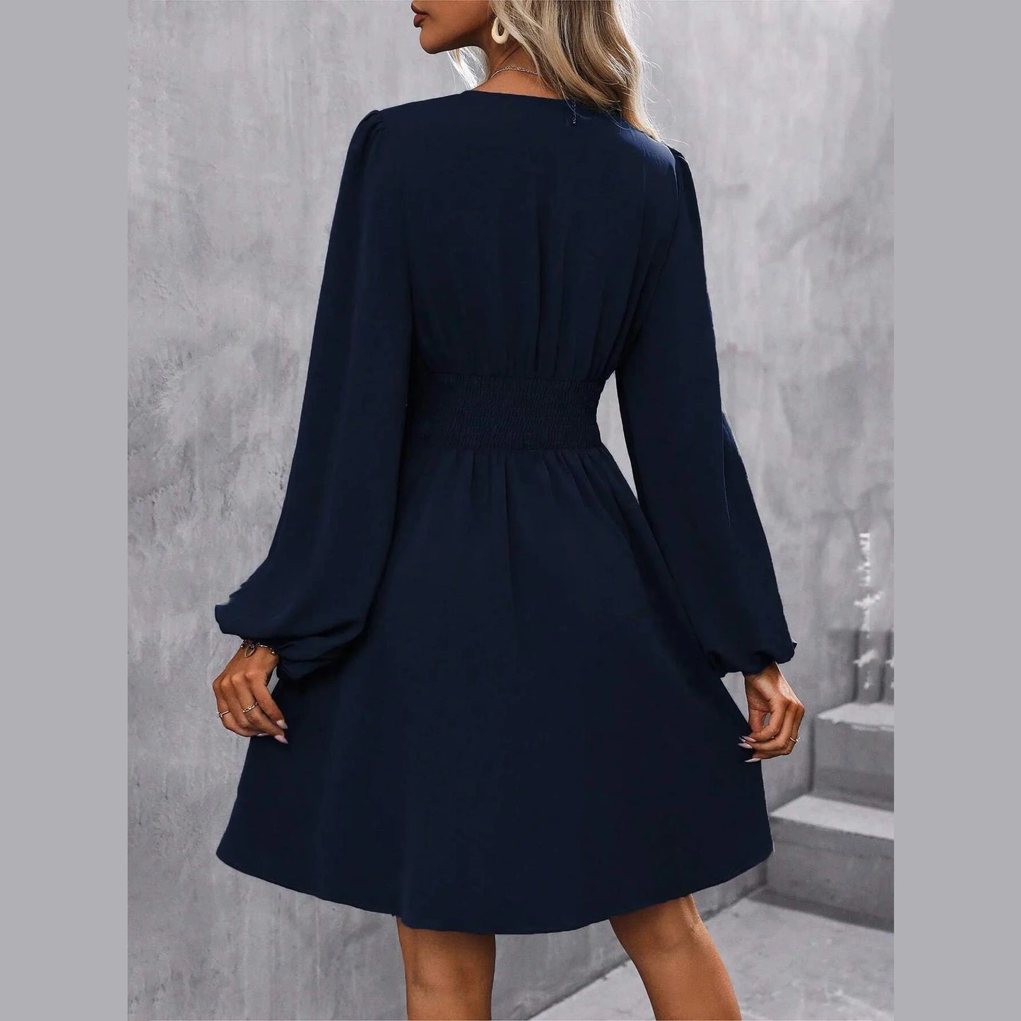 Ricki Blue Ruched Waist Lantern Long Sleeve Blouse