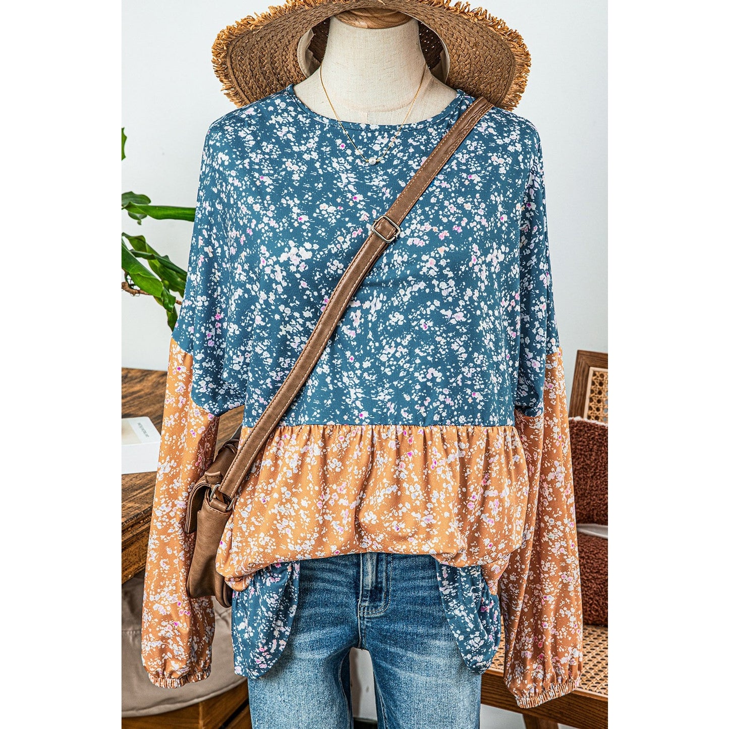 Rosetta Light Blue Floral Color Block Ruffled Hem Round Neck Blouse