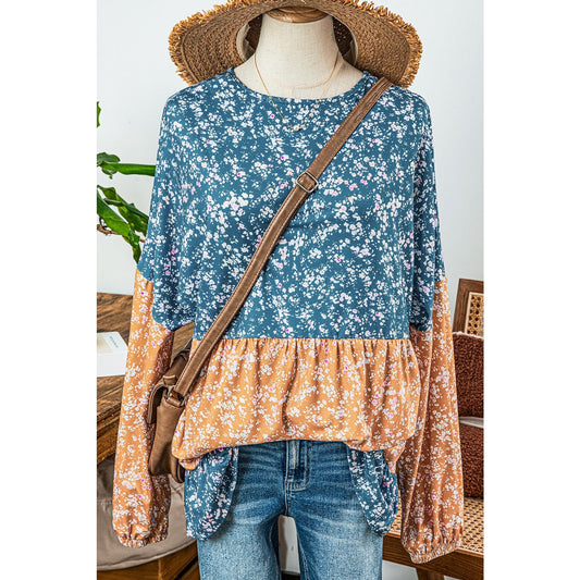Rosetta Light Blue Floral Color Block Ruffled Hem Round Neck Blouse
