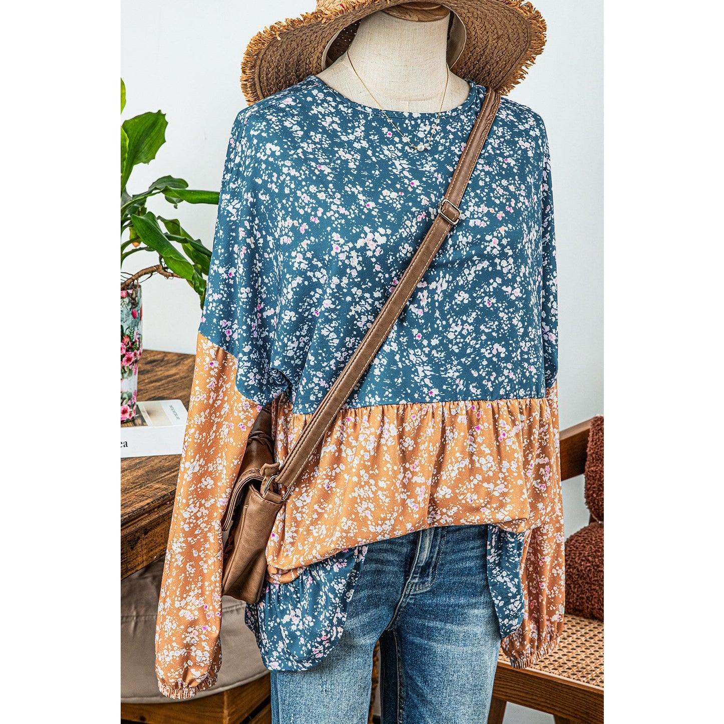 Rosetta Light Blue Floral Color Block Ruffled Hem Round Neck Blouse