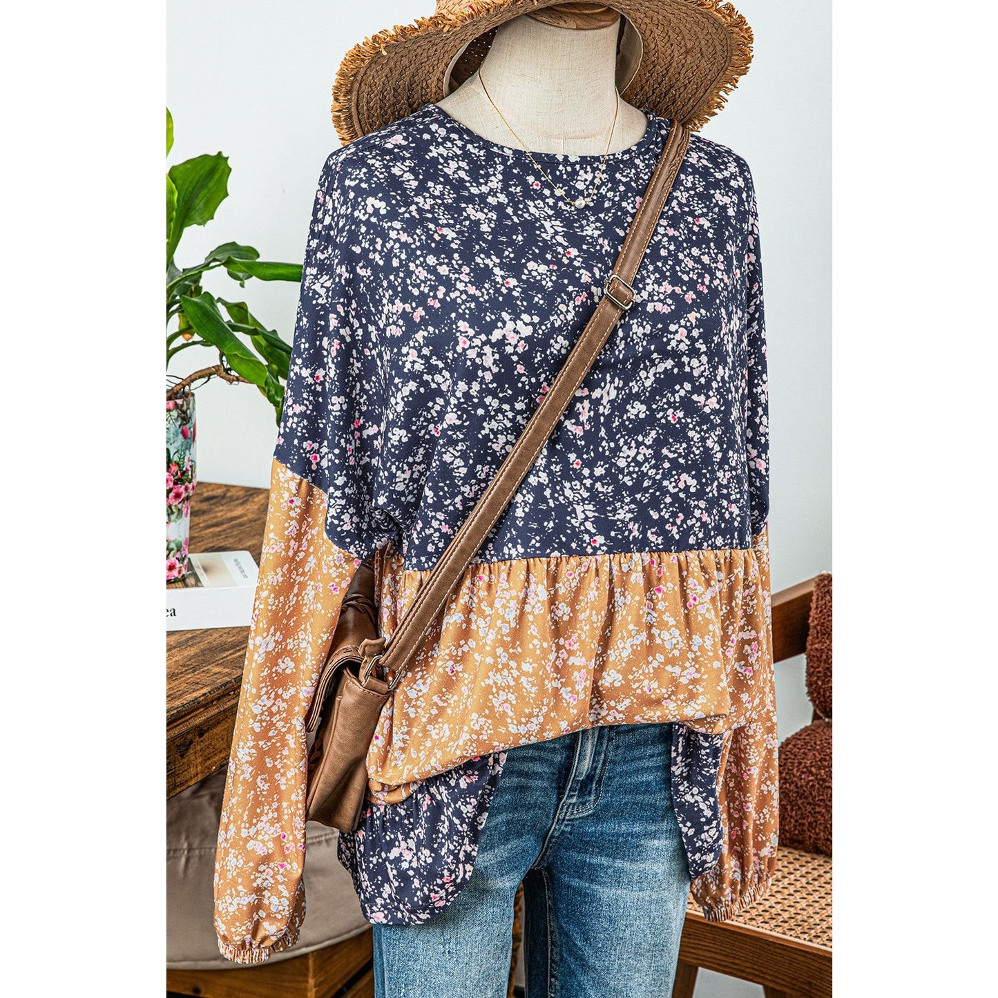 Rosetta Dark Blue Floral Color Block Ruffled Hem Round Neck Blouse