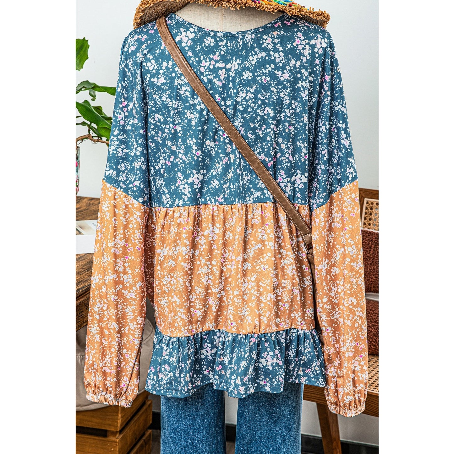 Rosetta Light Blue Floral Color Block Ruffled Hem Round Neck Blouse