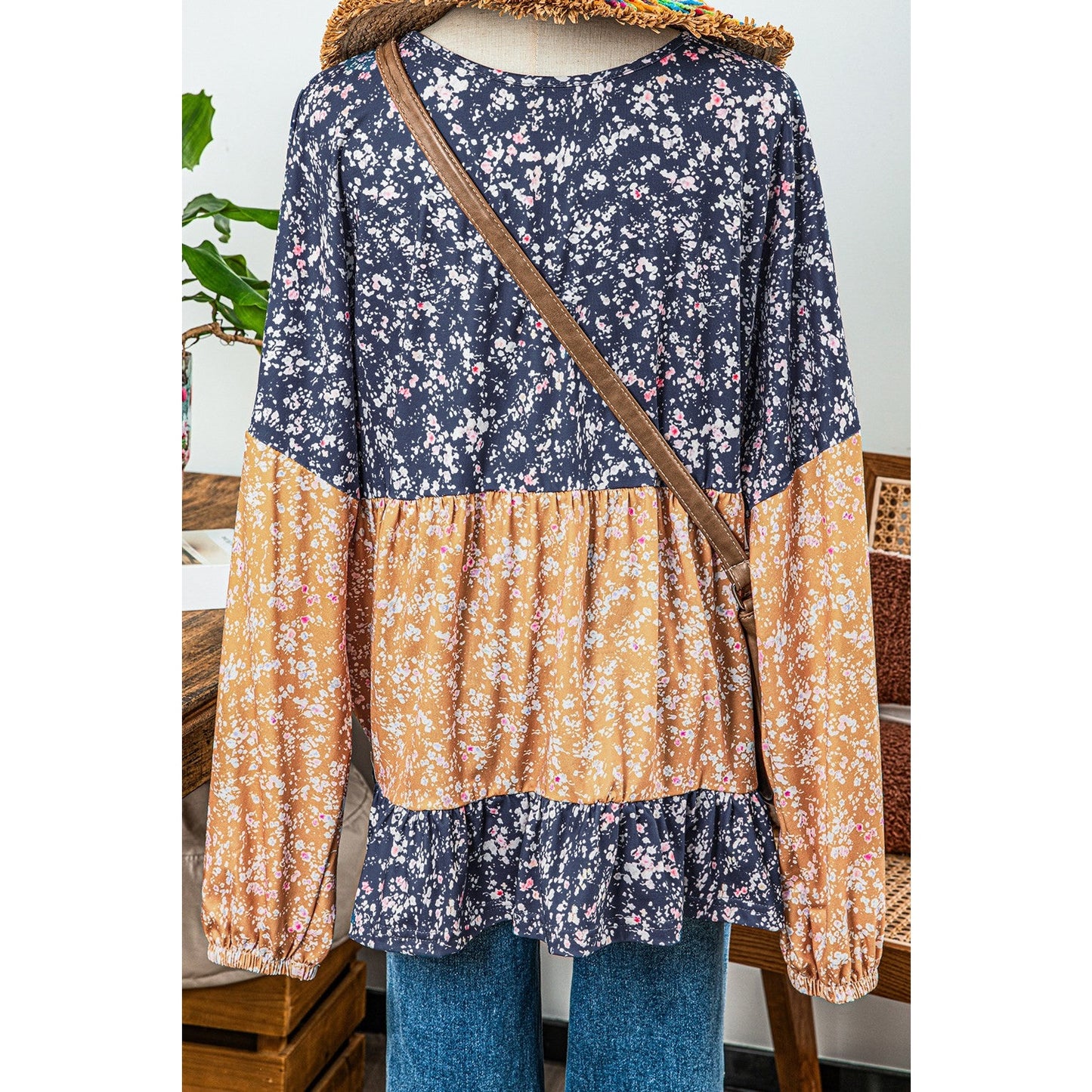 Rosetta Dark Blue Floral Color Block Ruffled Hem Round Neck Blouse