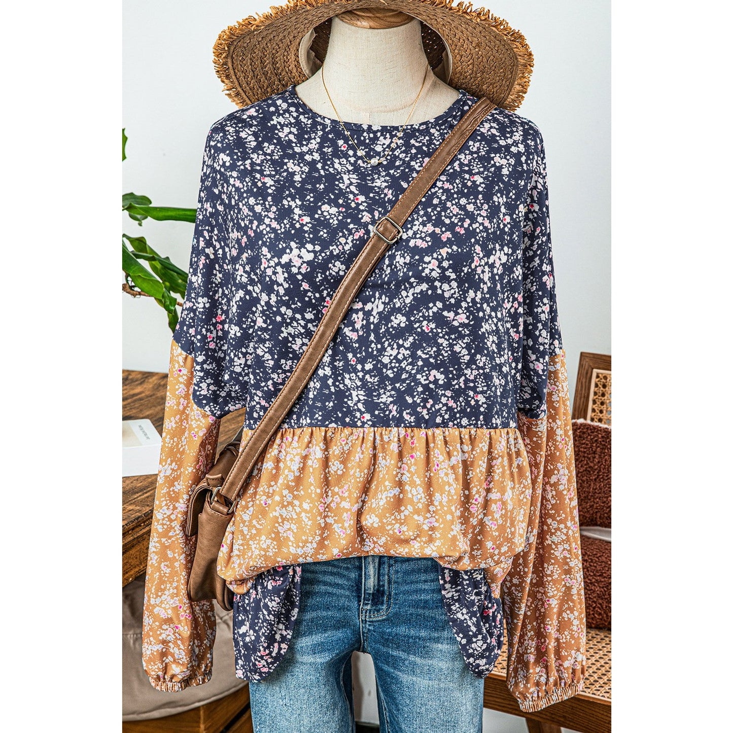 Rosetta Dark Blue Floral Color Block Ruffled Hem Round Neck Blouse