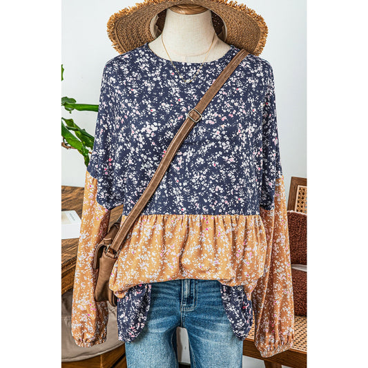 Rosetta Dark Blue Floral Color Block Ruffled Hem Round Neck Blouse