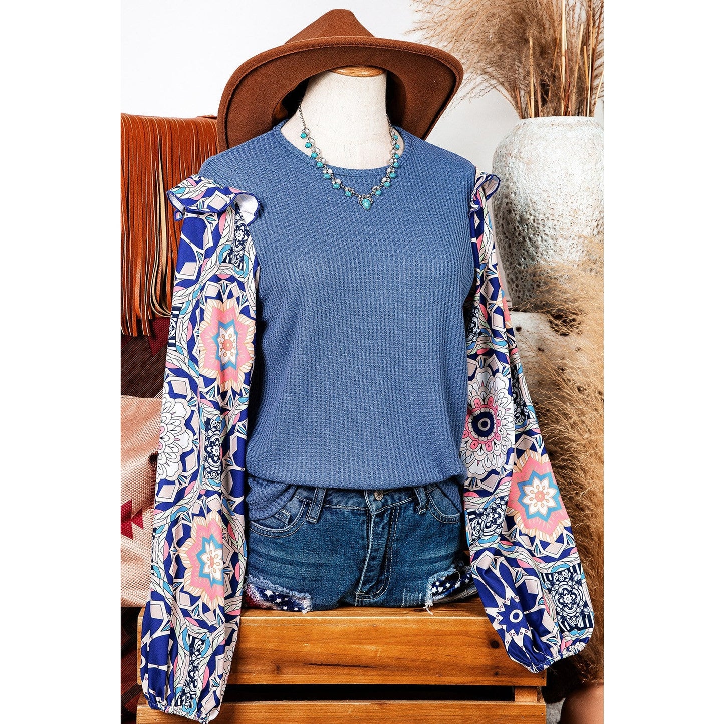 Rudra Blue Ruffled Floral Sleeve Patchwork Waffle Knit O Neck Blouse
