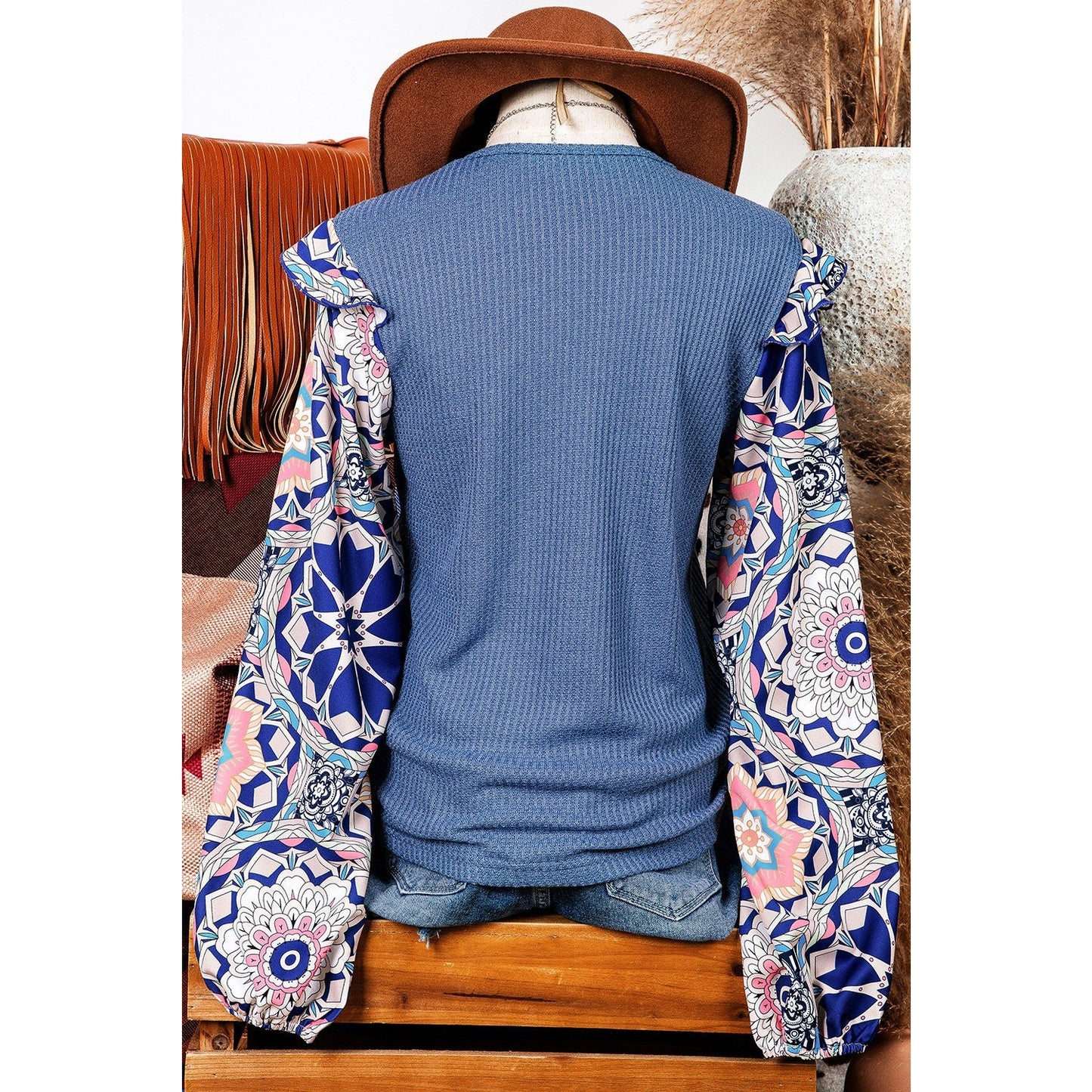 Rudra Blue Ruffled Floral Sleeve Patchwork Waffle Knit O Neck Blouse