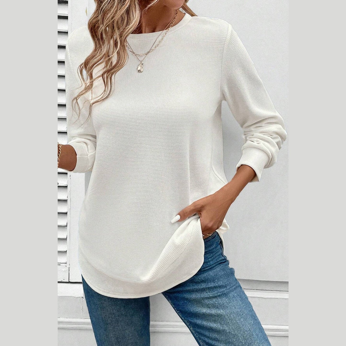 Rylee White Rounded Hem Waffle Long Sleeve Top