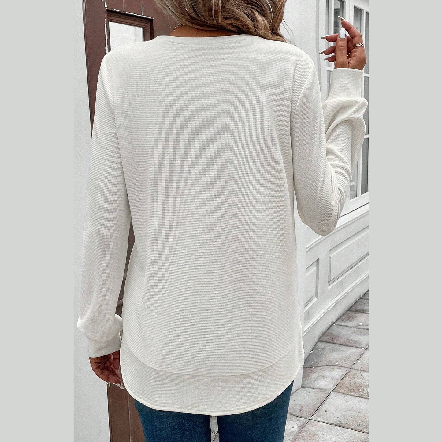 Rylee White Rounded Hem Waffle Long Sleeve Top