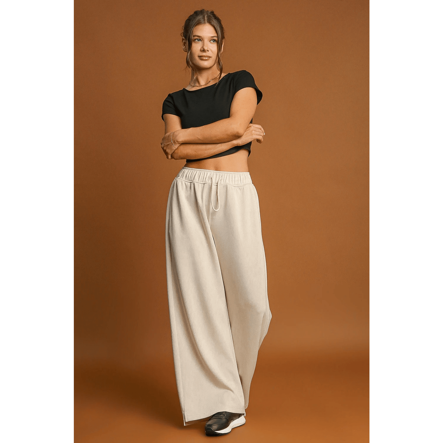 Sallie Loop Drawstring Elastic Waistband Casual Wide Leg Pants