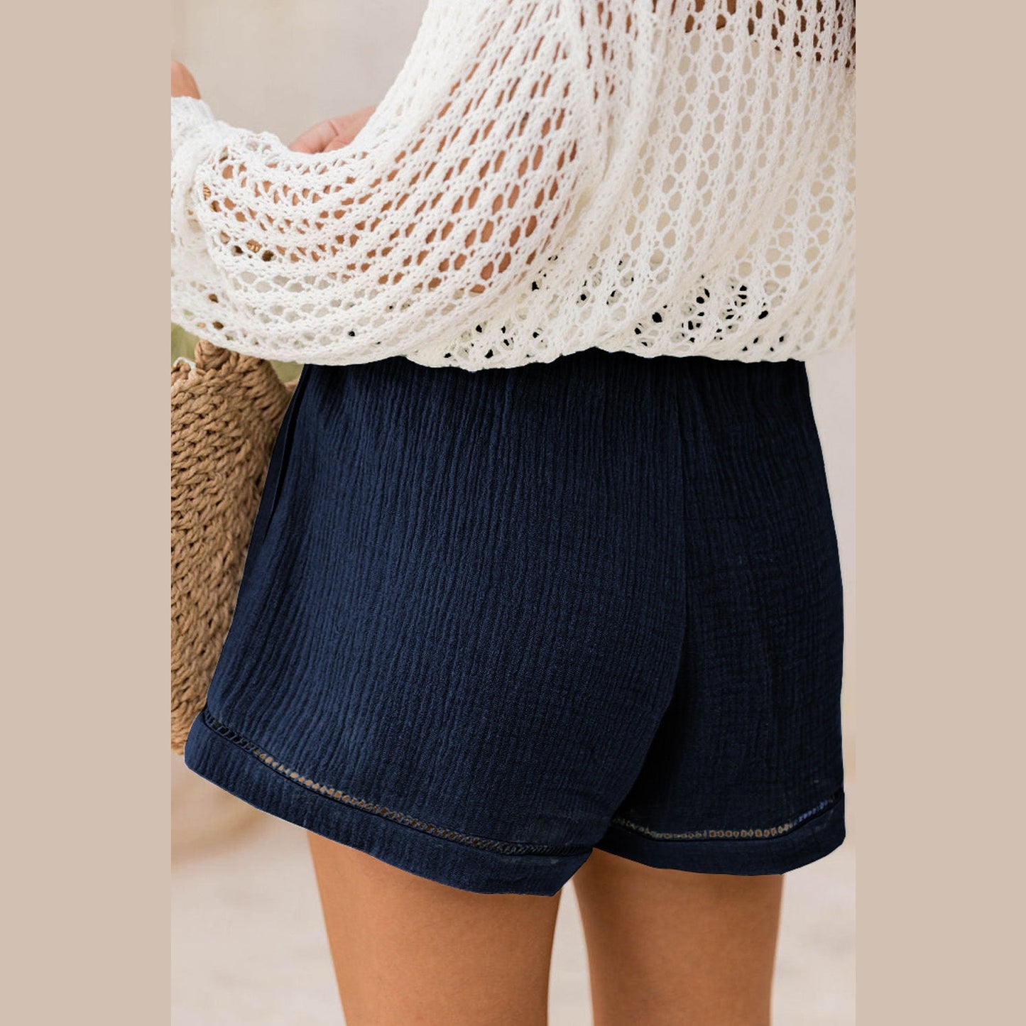 Sandee Navy Cotton Gauze Paperbag Shorts