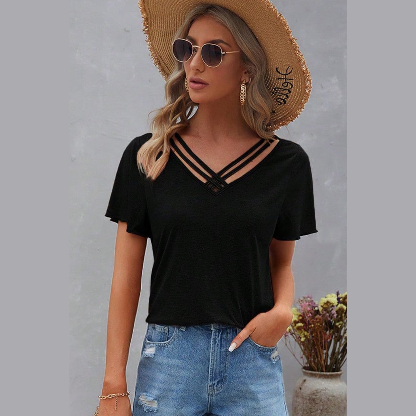 Savannah Black Crisscross V Neck Butterfly Sleeve T Shirt