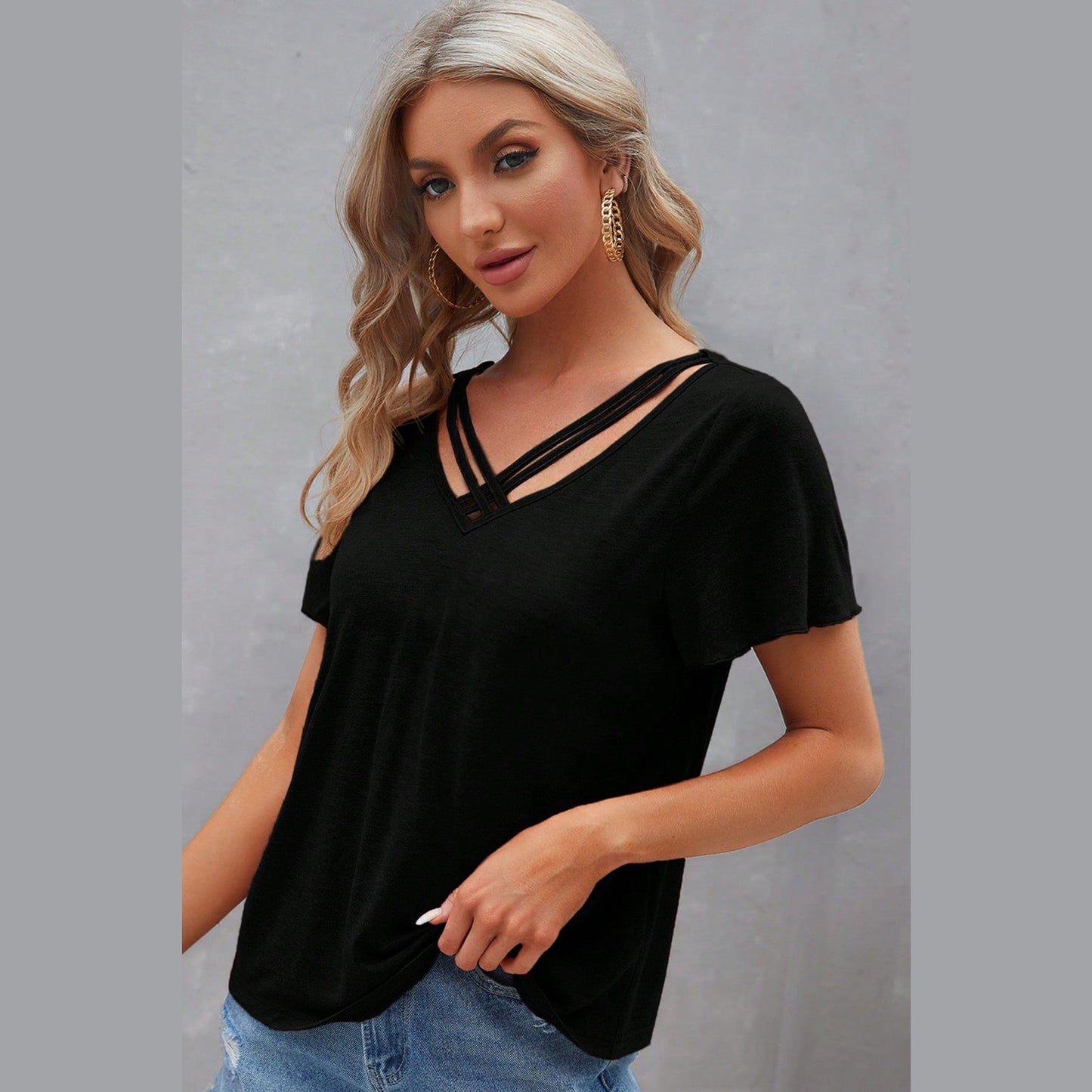 Savannah Black Crisscross V Neck Butterfly Sleeve T Shirt