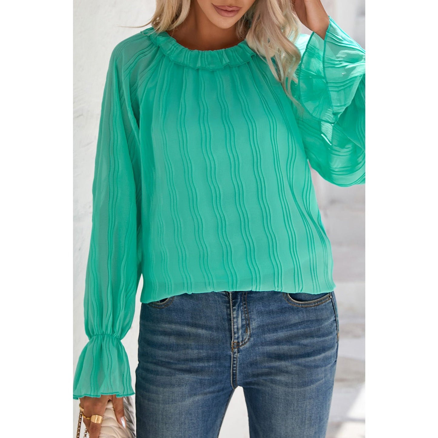 Scarlett Green Striking Pleated Flared Cuff Long Sleeve Blouse