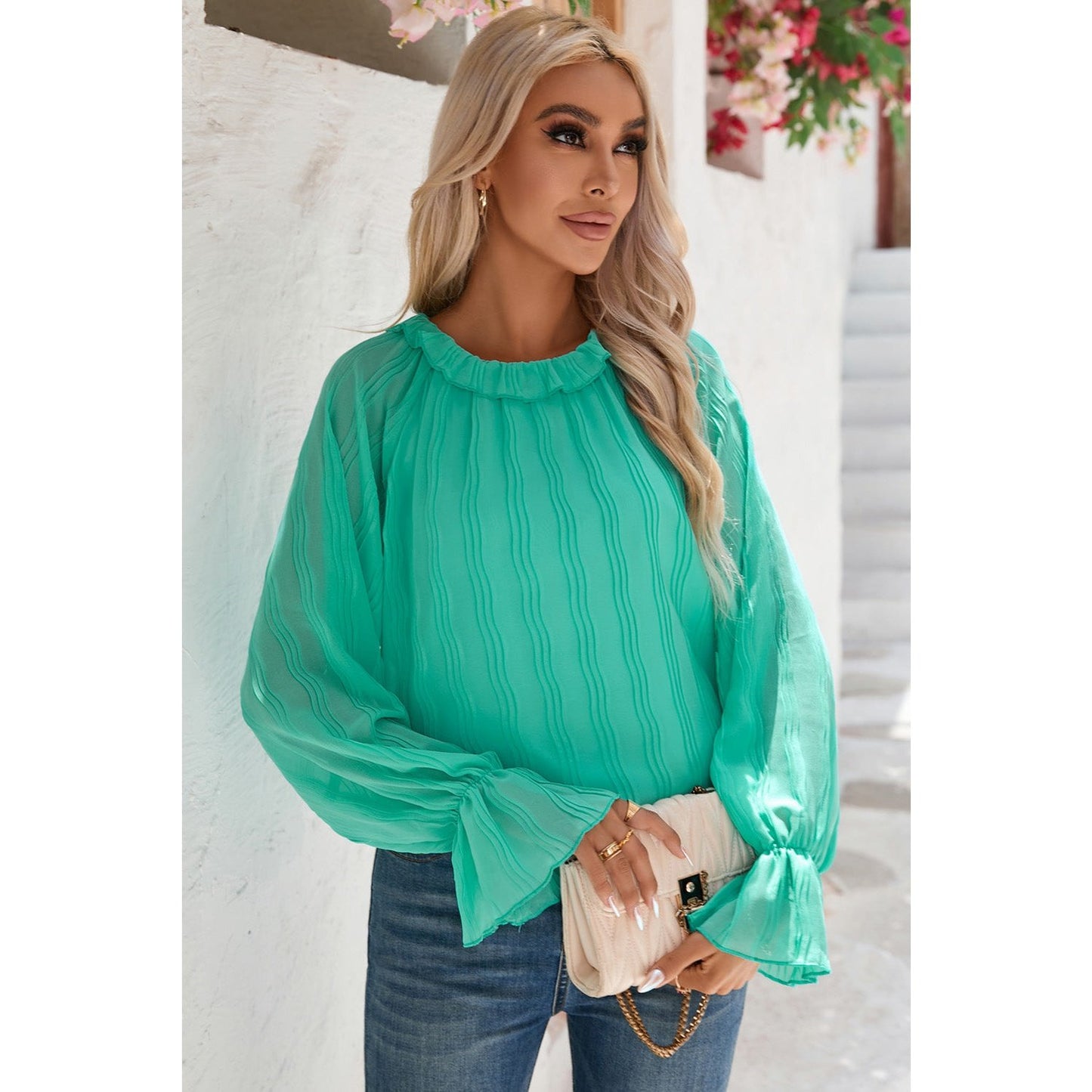 Scarlett Green Striking Pleated Flared Cuff Long Sleeve Blouse
