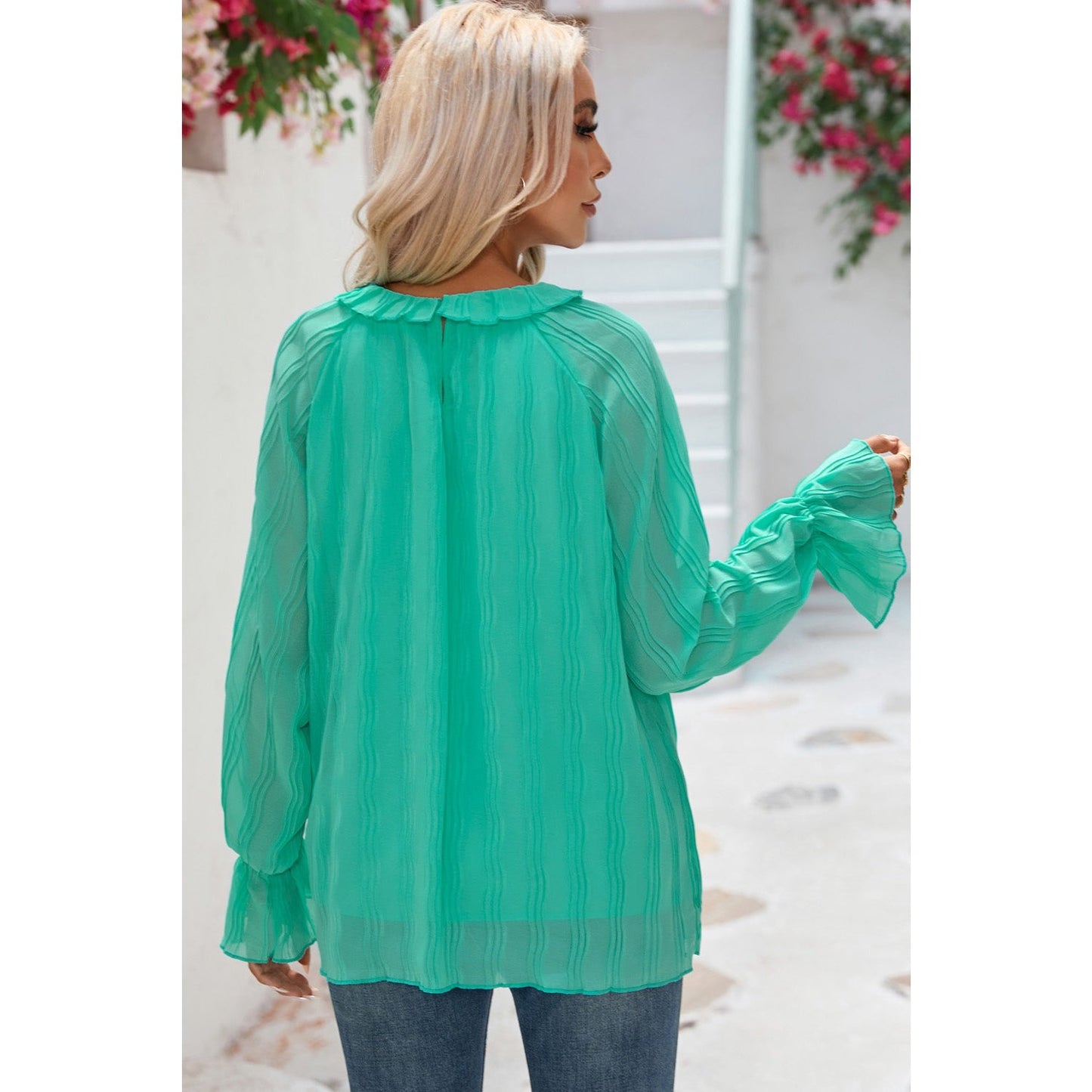 Scarlett Green Striking Pleated Flared Cuff Long Sleeve Blouse