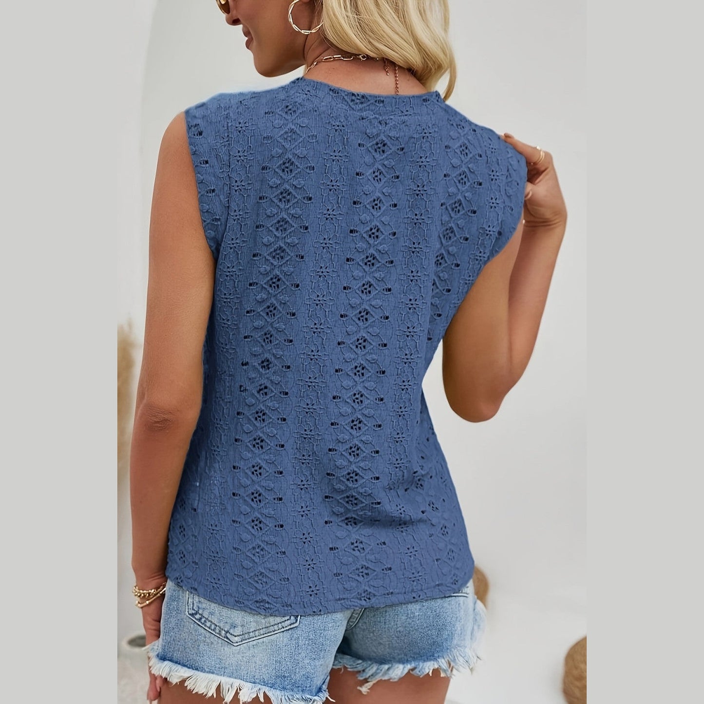 Selbie Blue Jacquard Hollow Out Sleeveless Top