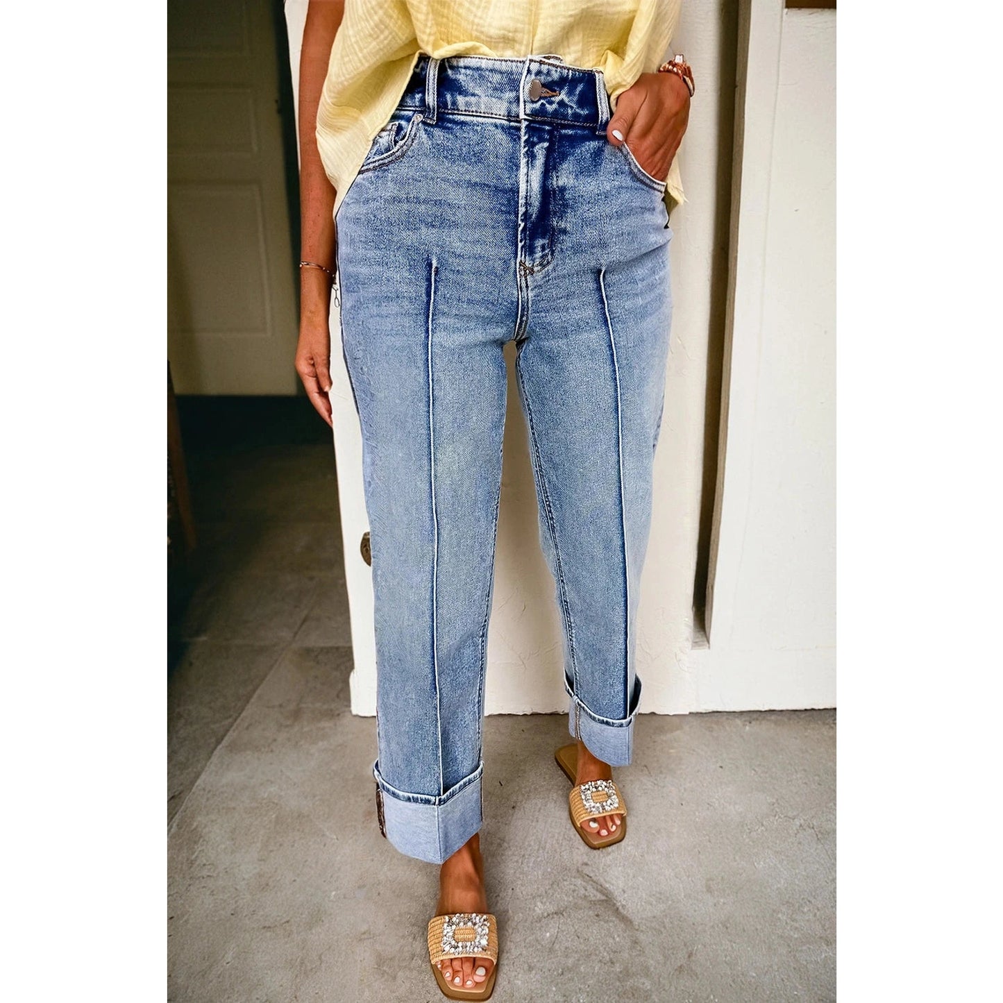 Sophia Grace Center Seam Cuffed Hem Straight High Waist Jeans