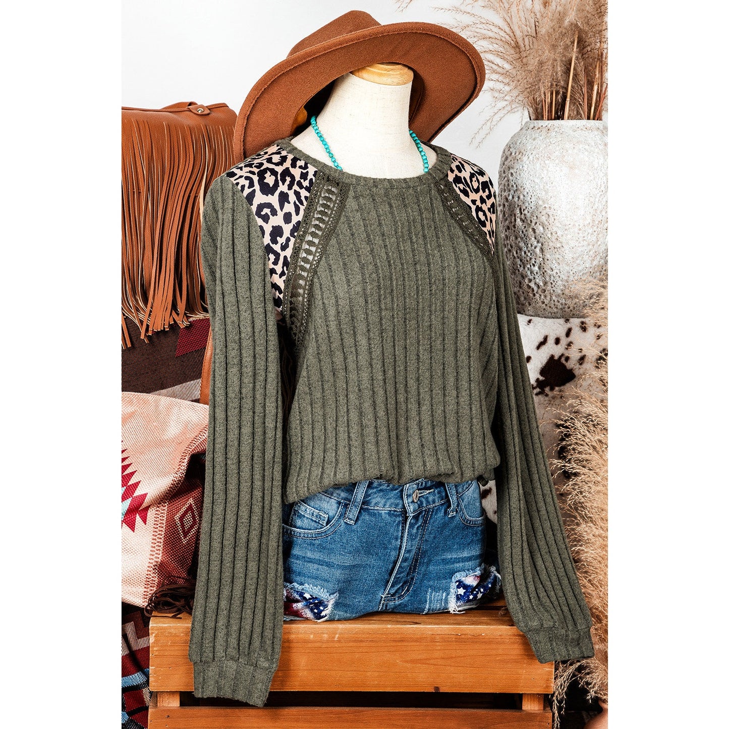 REDUCED!!! Shae Moss Green Leopard Print Crochet Patchwork Rib Textured Knit Top REDUCED!!!
