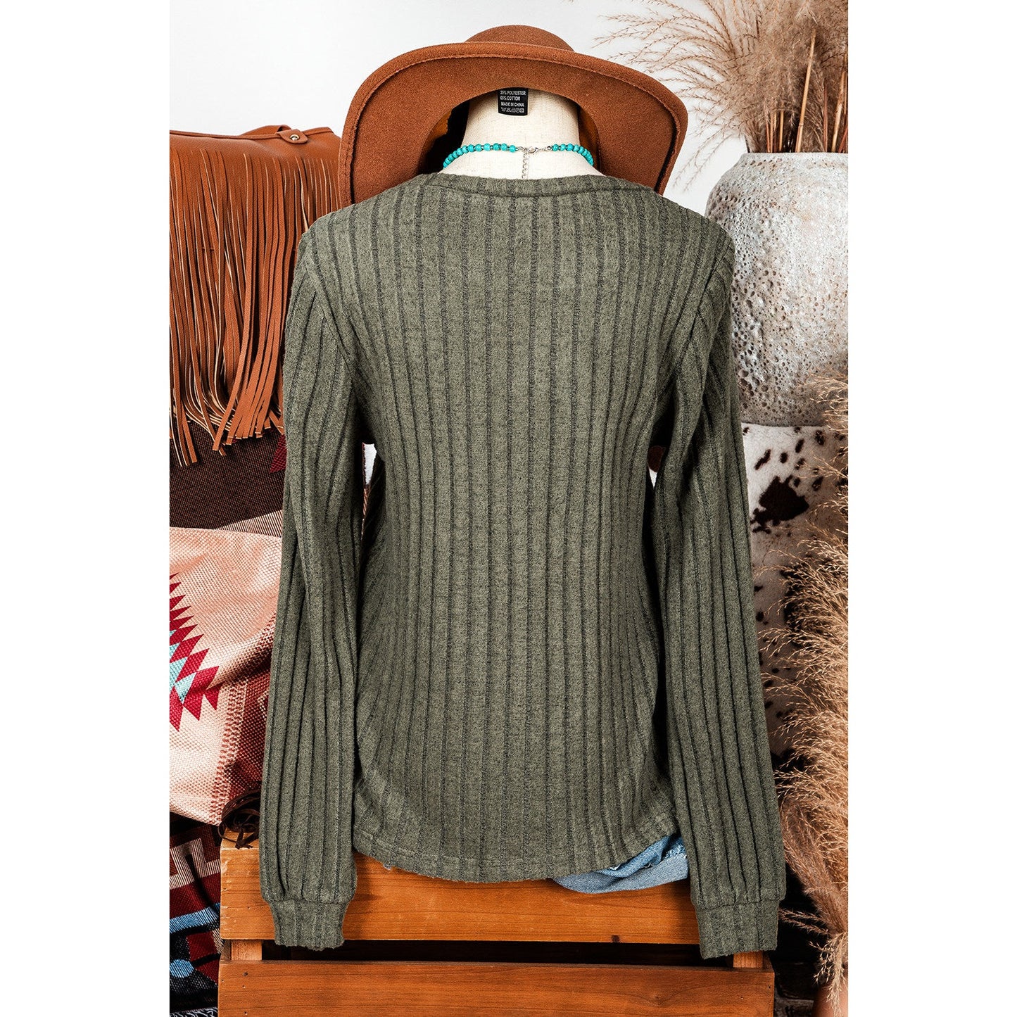 REDUCED!!! Shae Moss Green Leopard Print Crochet Patchwork Rib Textured Knit Top REDUCED!!!