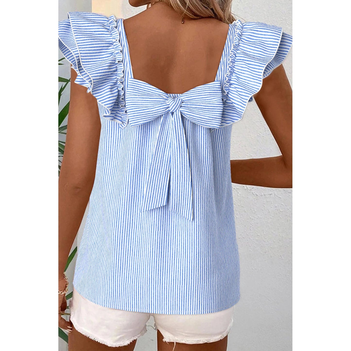 Shandi Sky Blue Stripe Square Neck Bow Decor Frilly Ruffled Short Sleeve Blouse